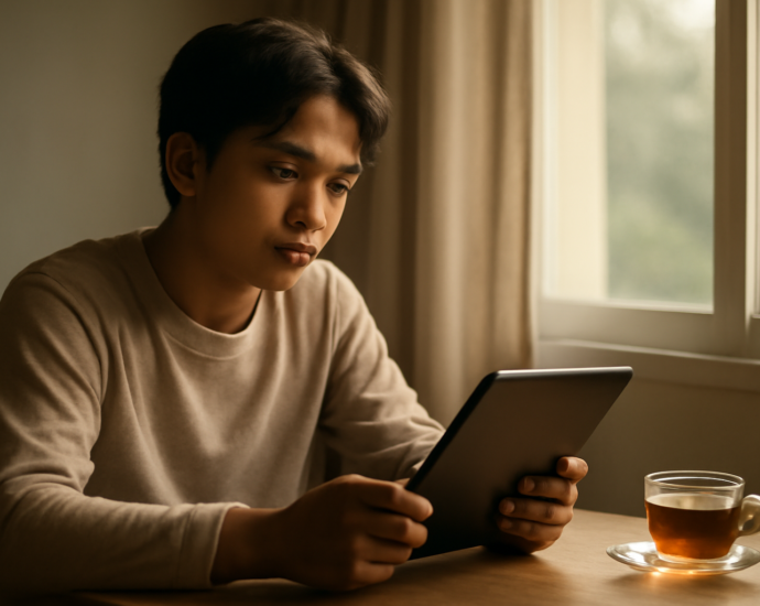 Seorang pemula membaca berita internasional ringan di tablet sambil duduk dekat jendela