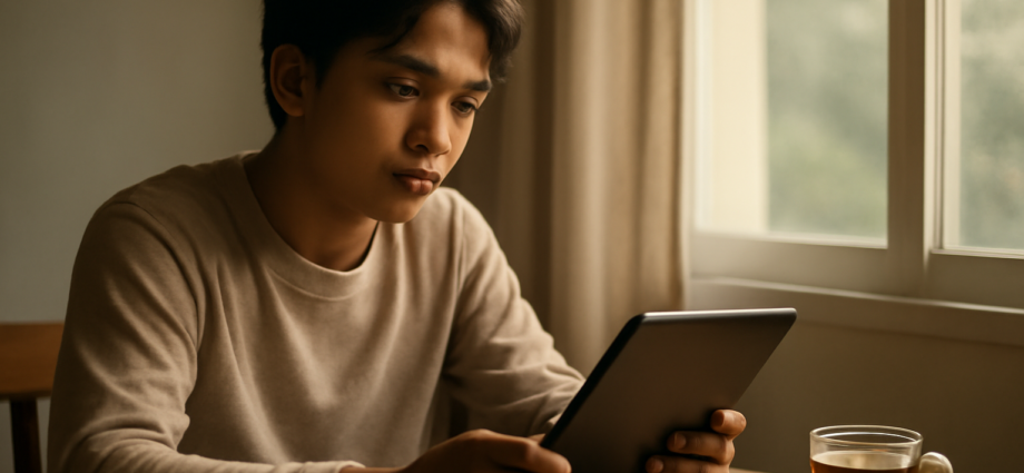 Seorang pemula membaca berita internasional ringan di tablet sambil duduk dekat jendela