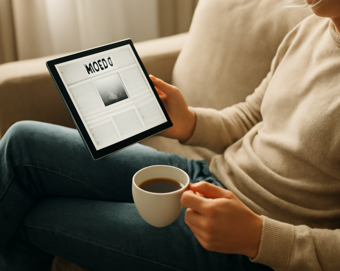 Seseorang membaca berita internasional ringan di tablet sambil bersantai
