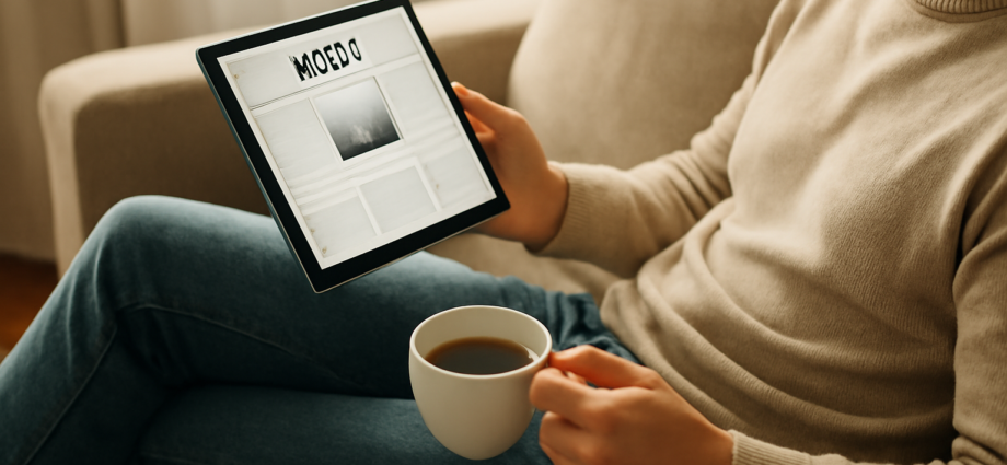 Seseorang membaca berita internasional ringan di tablet sambil bersantai