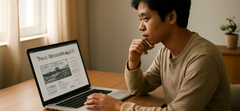 Pemula membaca berita internasional di laptop sambil mencatat