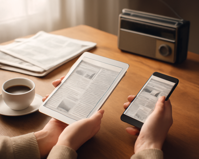 Seseorang membaca berita internasional dari tablet dan ponsel sambil menikmati kopi di meja kayu